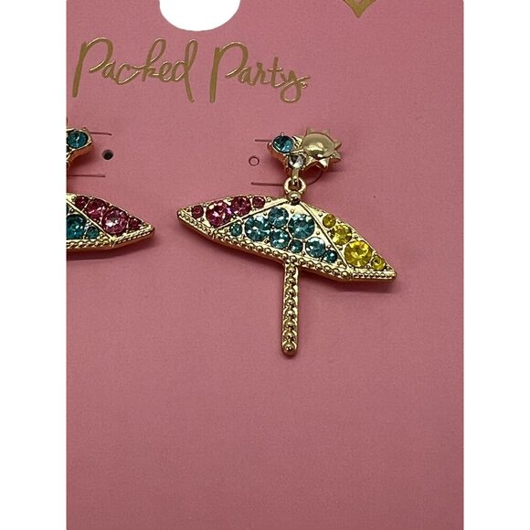 Packed Party Dangle Earrings Umbrella Gold Tone Rhinestones 1.5" NEW - Picture 2 of 3